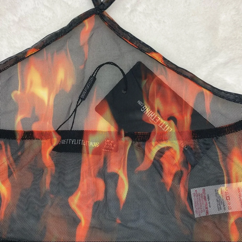 NWT Pretty Little Thing Orange Flame Mesh Halter Top - Picture 9 of 12